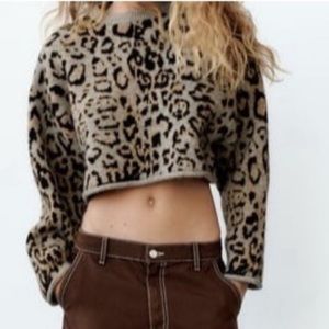Zara jacquard knit wool alpaca blend cropped leopard print sweater in EUC
